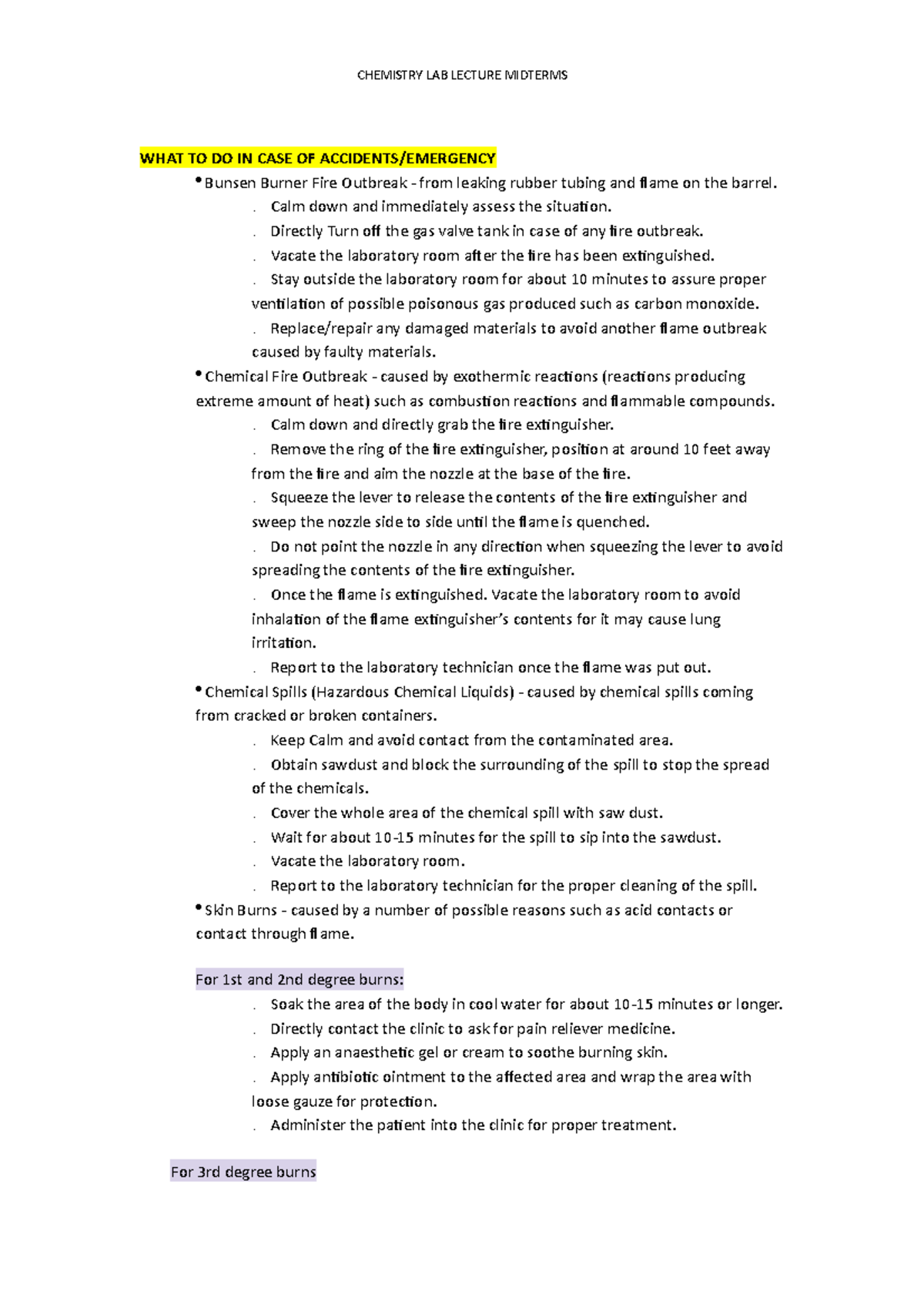 Laboratory Accidents AND Emergency Chemistry Reviewer CHEMISTRY LAB