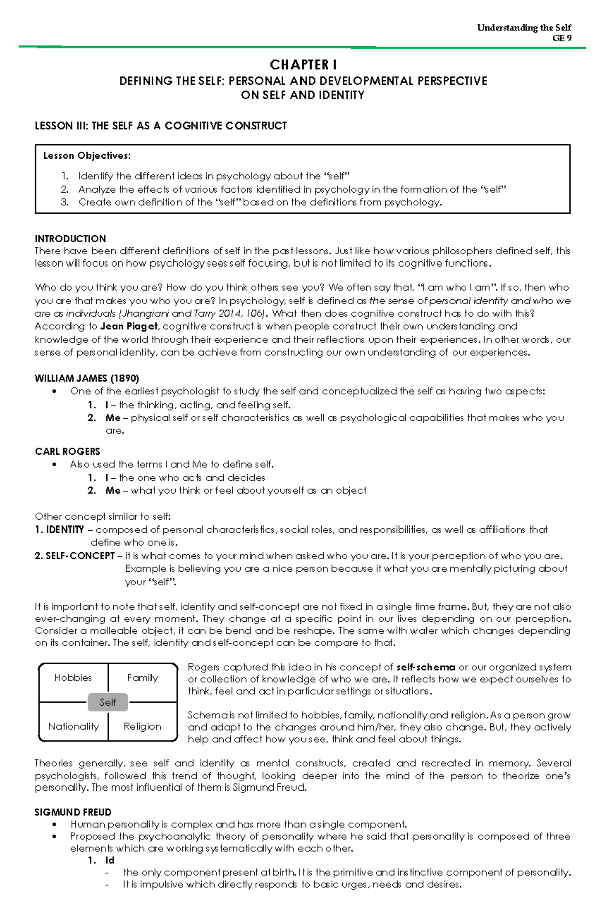 C1L3 - THE SELF AS A Cognitive Construct - Understanding the Self GE 9 ...