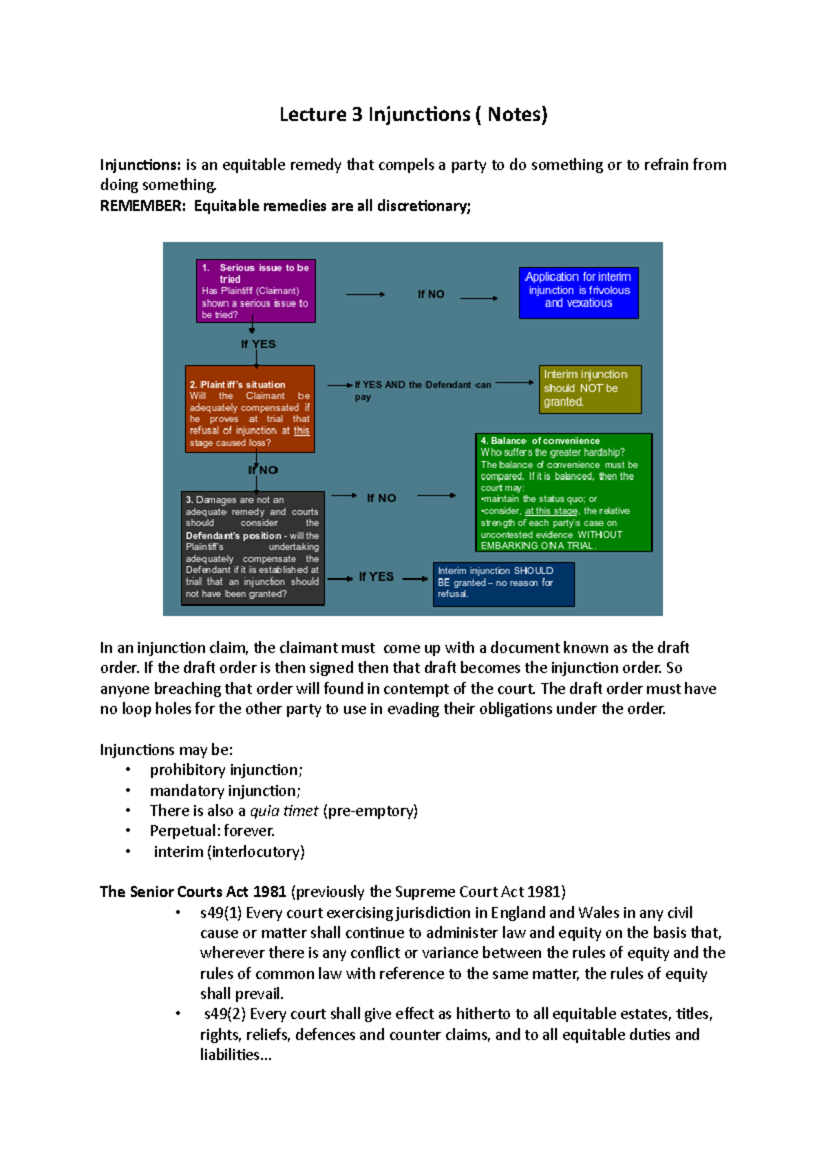 Lecture 3 Notes - Lecture 3 Injunctions ( Notes) Injunctions: Is An ...