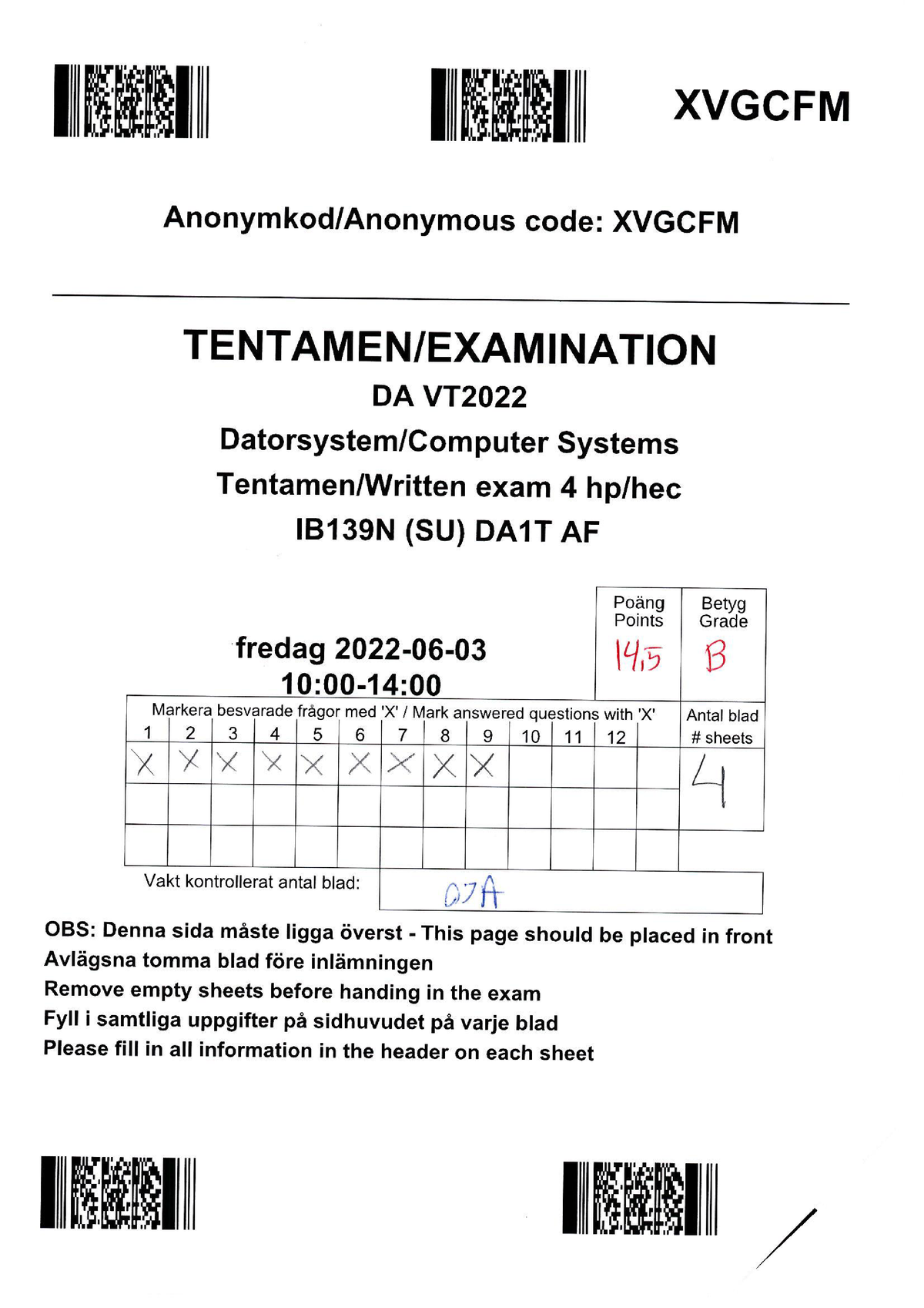 DA VT2022 Tentamen 2022-06-03 4hp B-tenta - IB139N - Studocu