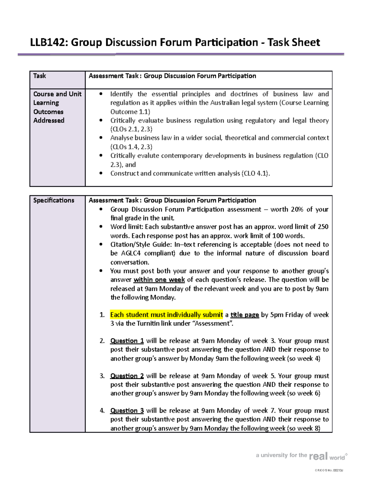 LLB142 Group Discussion Forum Participation task sheet 2022 - LLB142 ...