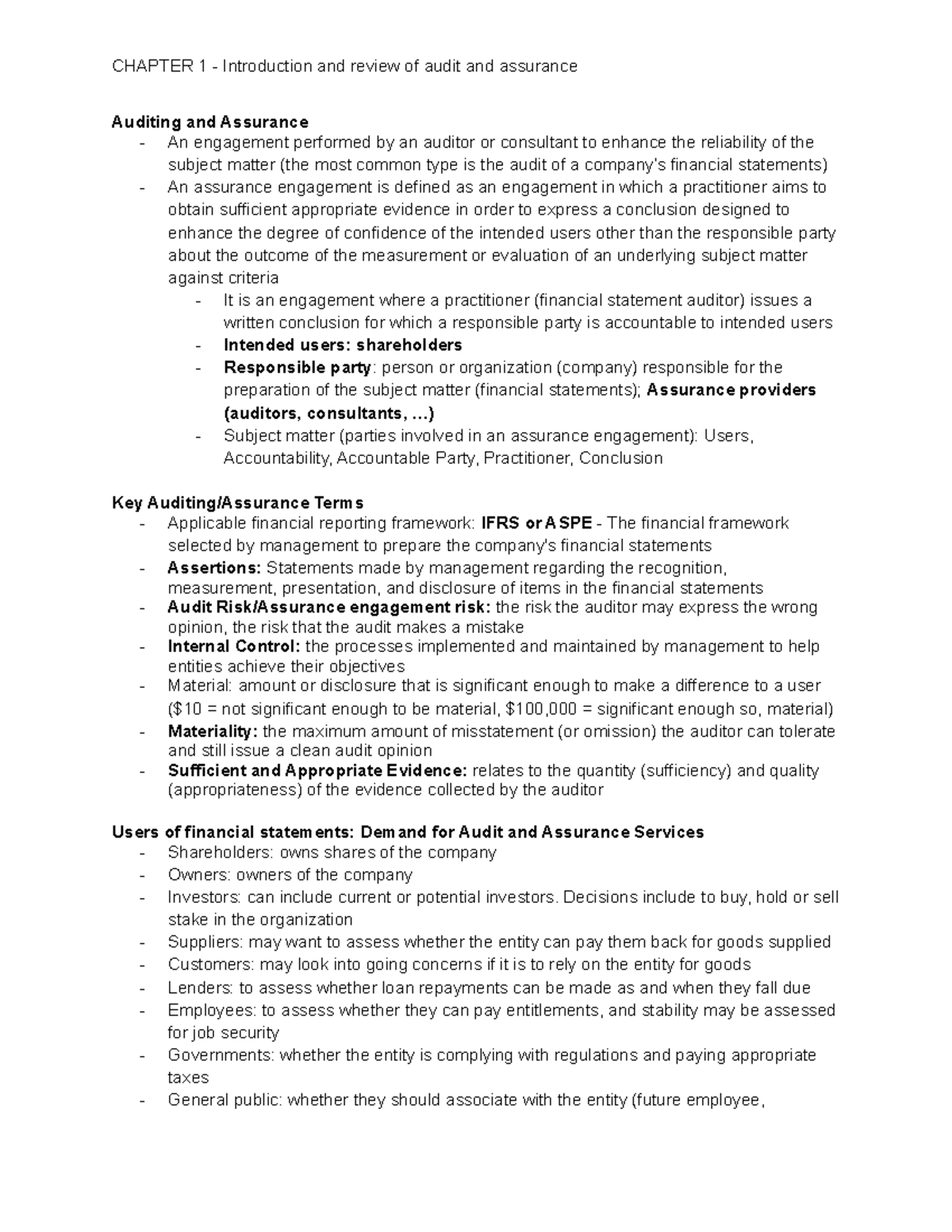 Chapter 1 - Lecture notes - Auditing and Assurance - An engagement ...