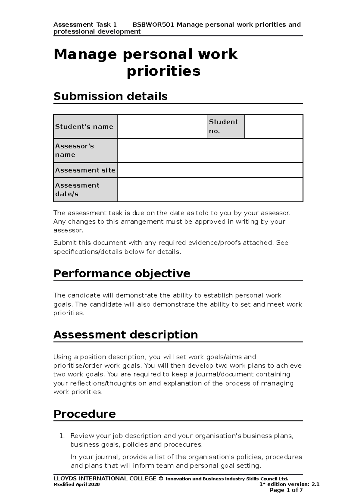 Bsbwor 501 Assessment-Task-1 - Assessment Task 1 BSBWOR501 Manage ...