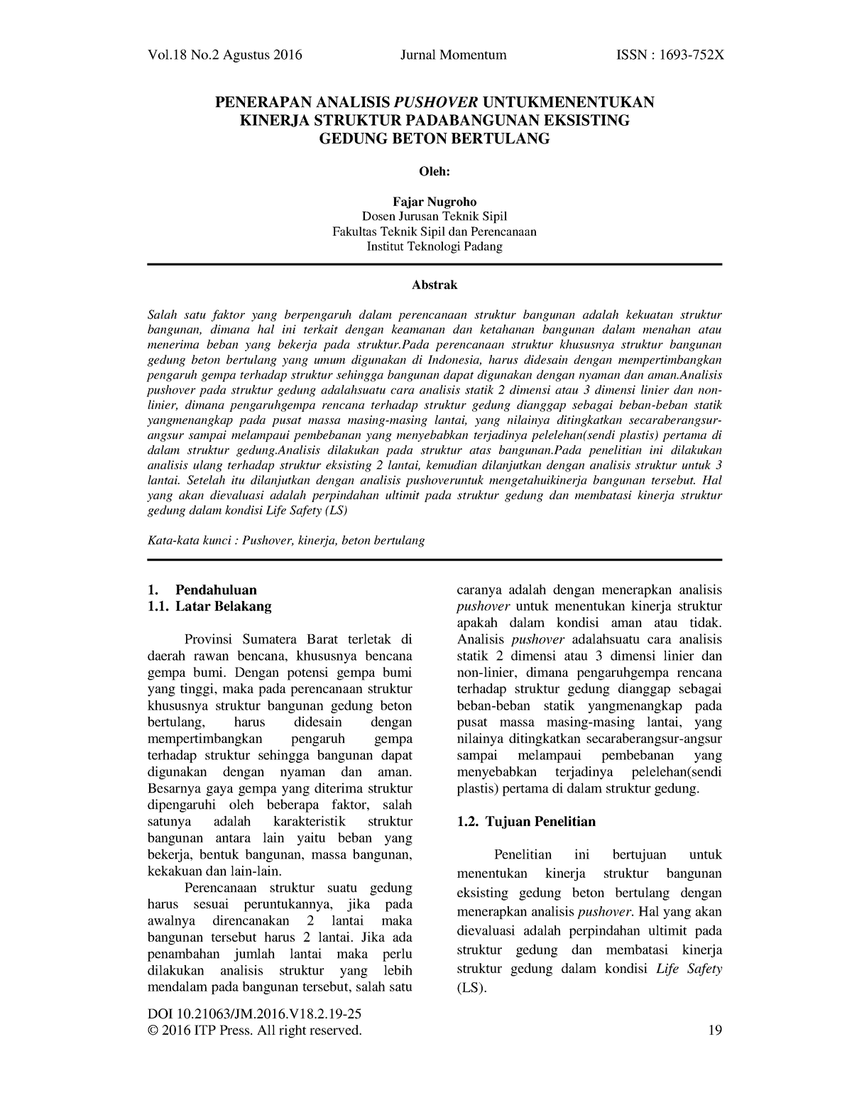 Jurnal Penerapan Analisis Pushover Untuk Menentukan Kinerja Struktur ...