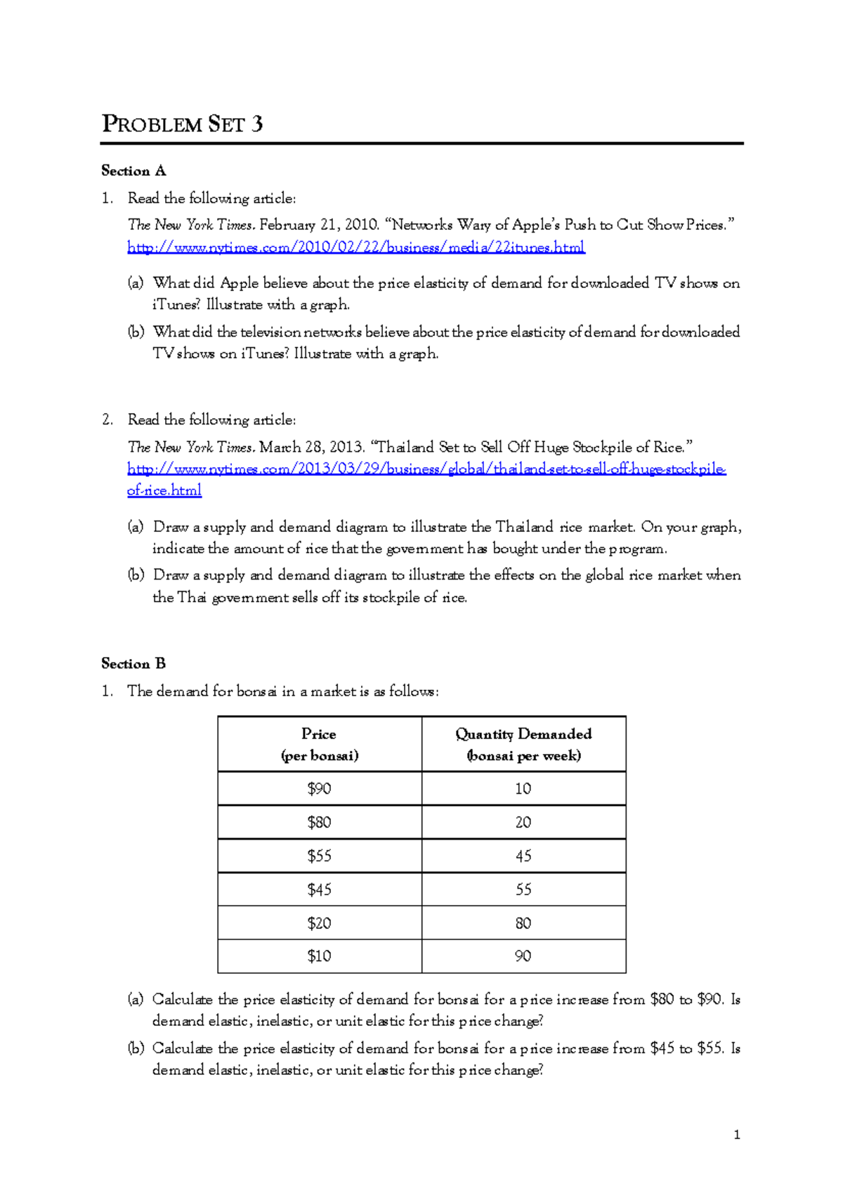 Problem Set 3 Questions On Elasticity 1 PROBLEM SET 3 Section A 