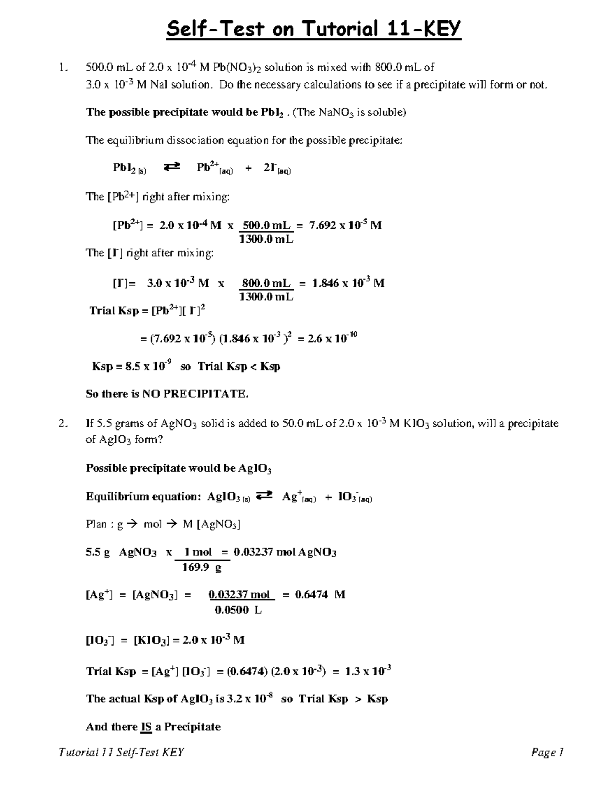 Tut11 Self Test KEY - worksheet for chemistry - Tutorial 11 Self-Test ...