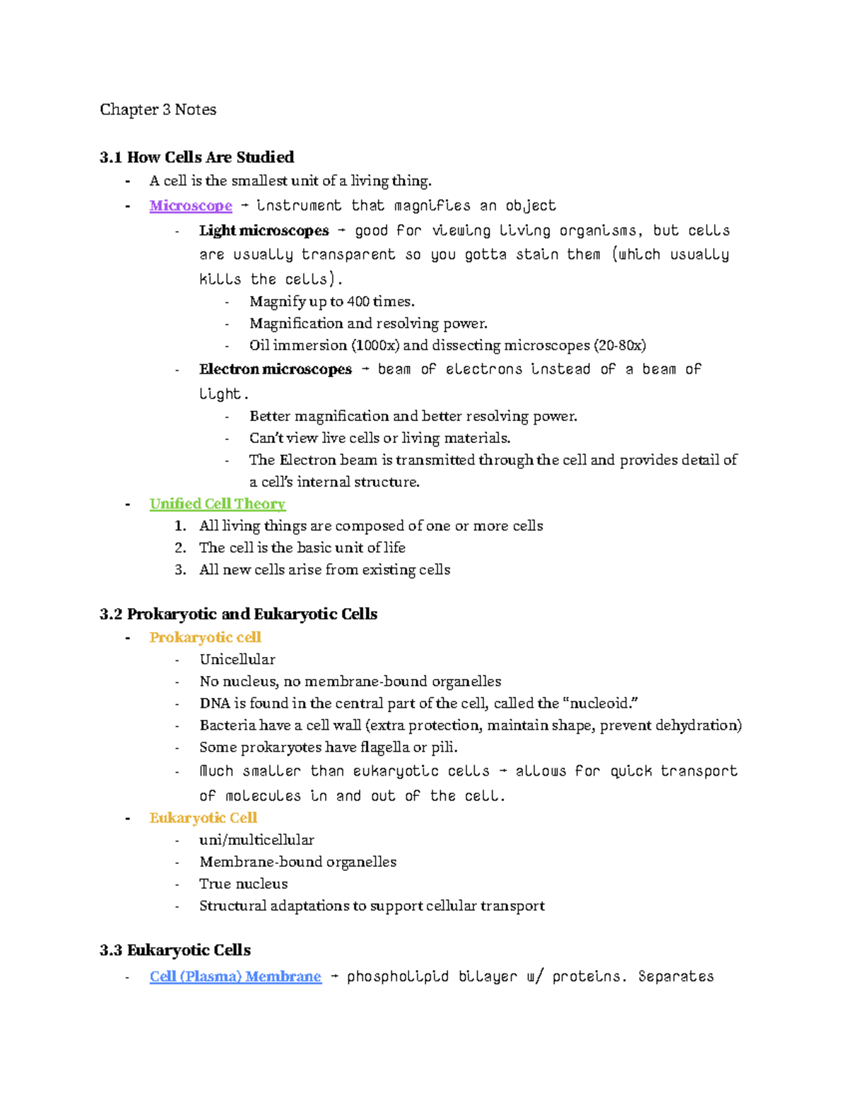 LS7A Chapter 3 Notes - Chapter 3 Notes 3 How Cells Are Studied - A cell ...