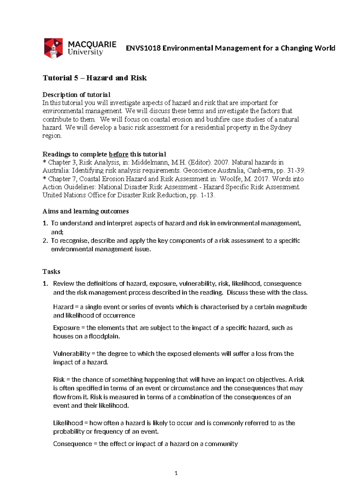 Week 5 Tutorial - ENVS1018 Environmental Management for a Changing ...