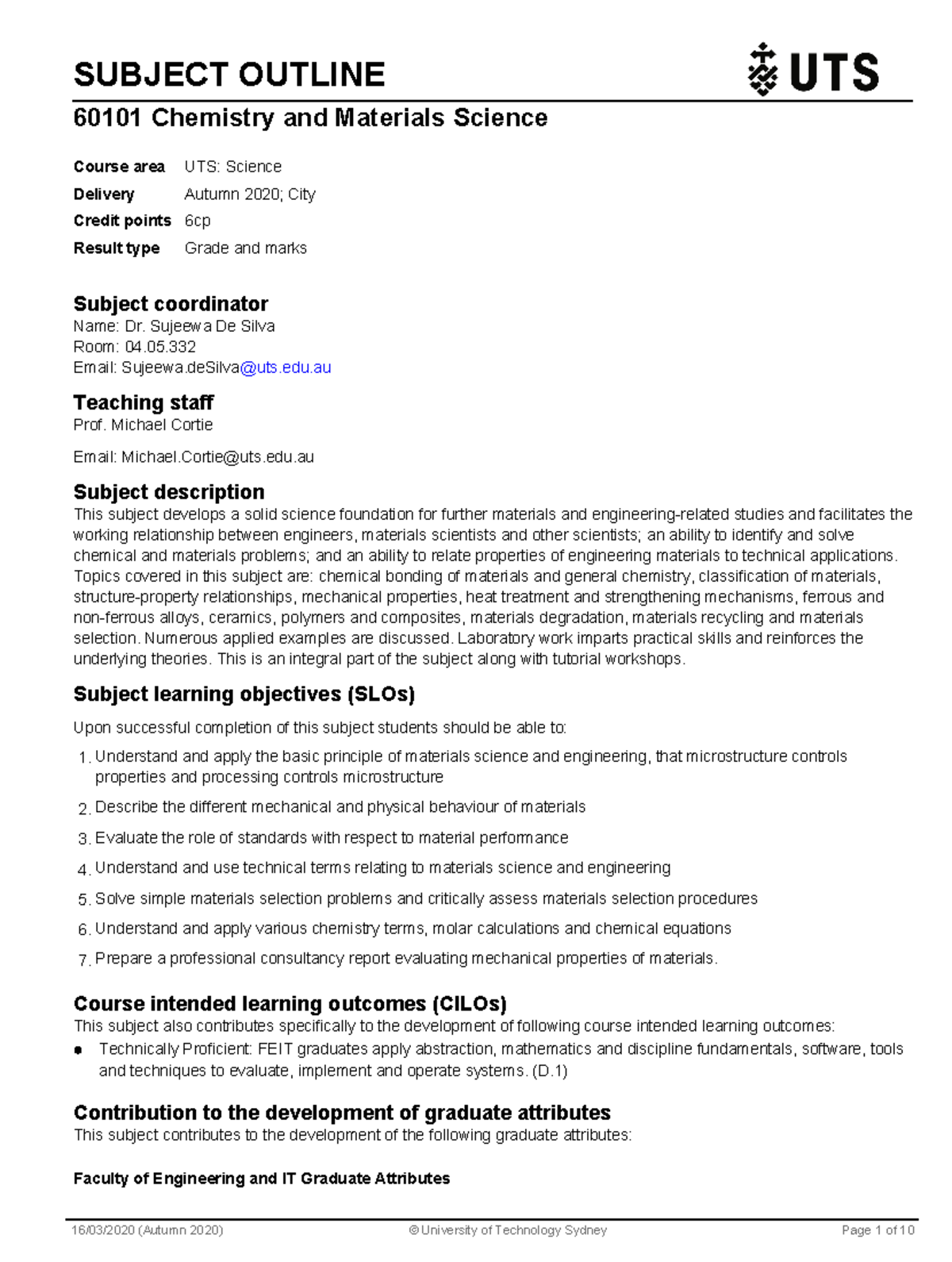 CMS Subject Outline - SUBJECT OUTLINE 60101 Chemistry and Materials ...