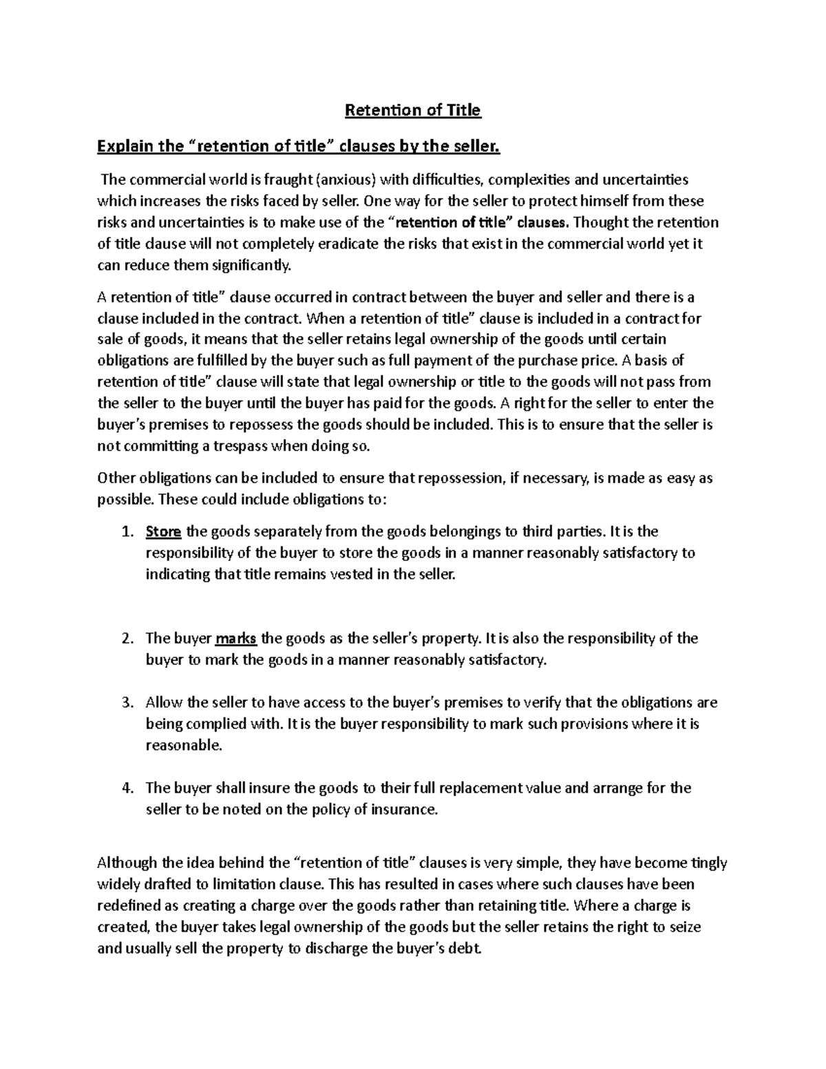 Chapter 6 Retention of Title Retention of Title Explain the