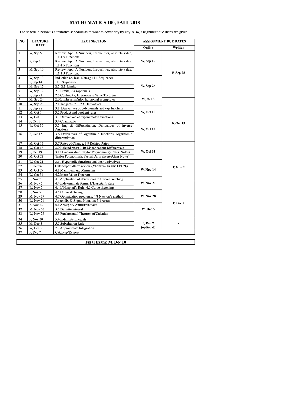 Math100 f2018 schedule - Math100 - Studocu