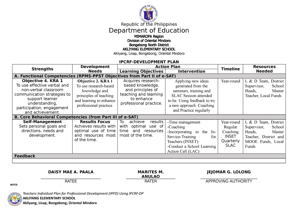 Ipcrf-dp 2022-2023 (daisy Mae A. Paala) - Republic Of The Philippines 