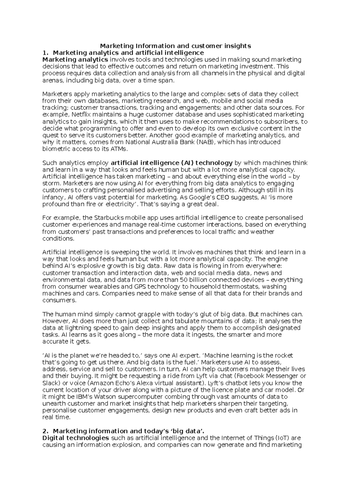 Week Four Lecture Notes - Marketing Information and customer insights ...