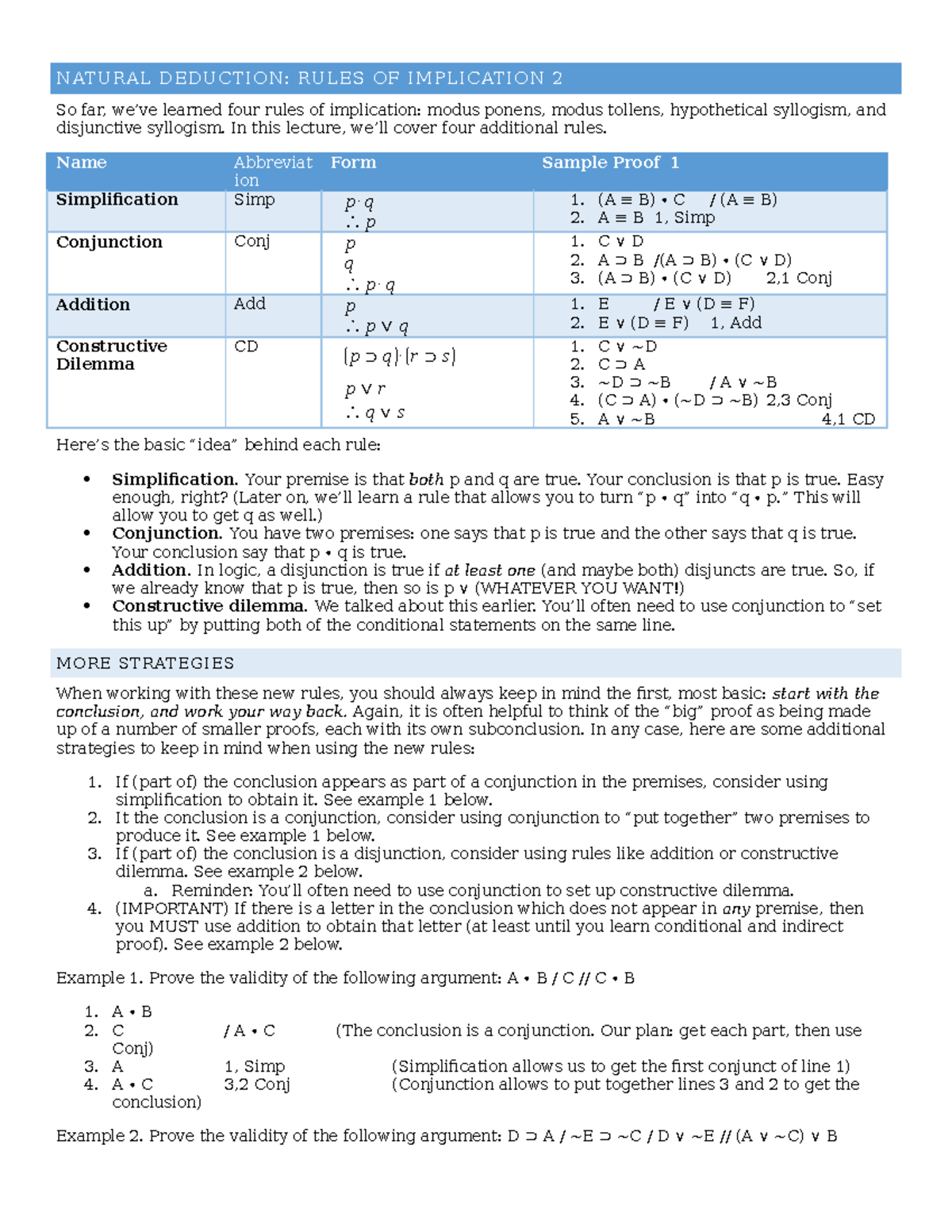 Logic 16 Implication B - Grade A+ - NATURAL DEDUCTION: RULES OF ...