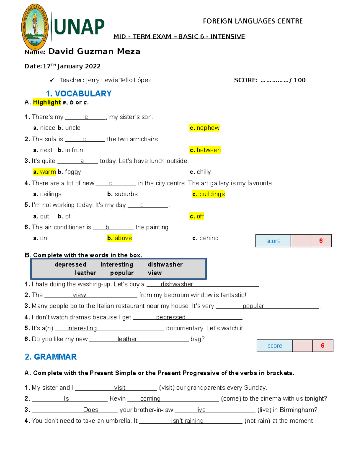 Exámen de inglés Basico 6-Universidad Nacional De La Amazonía Peruana - MID  - TERM EXAM – BASIC 6 - - StuDocu