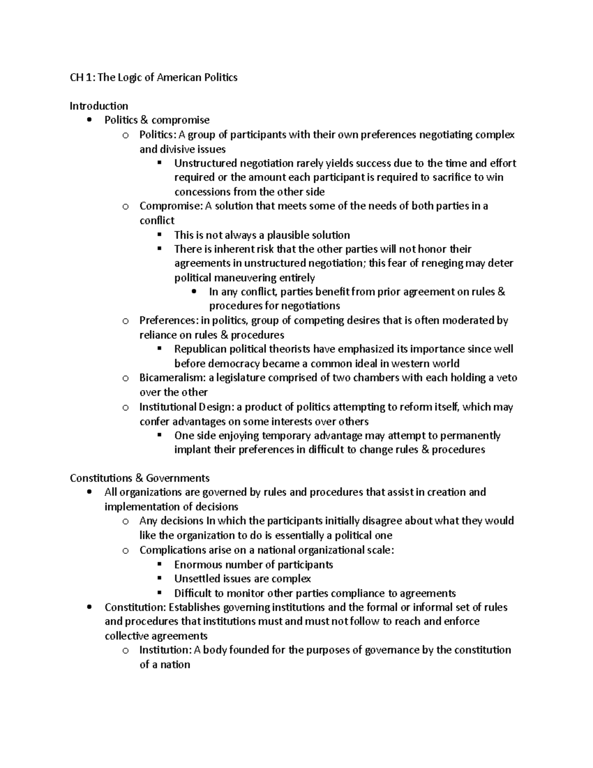 CH 1 Am gov - Lecture notes from American gov - CH 1: The Logic of ...