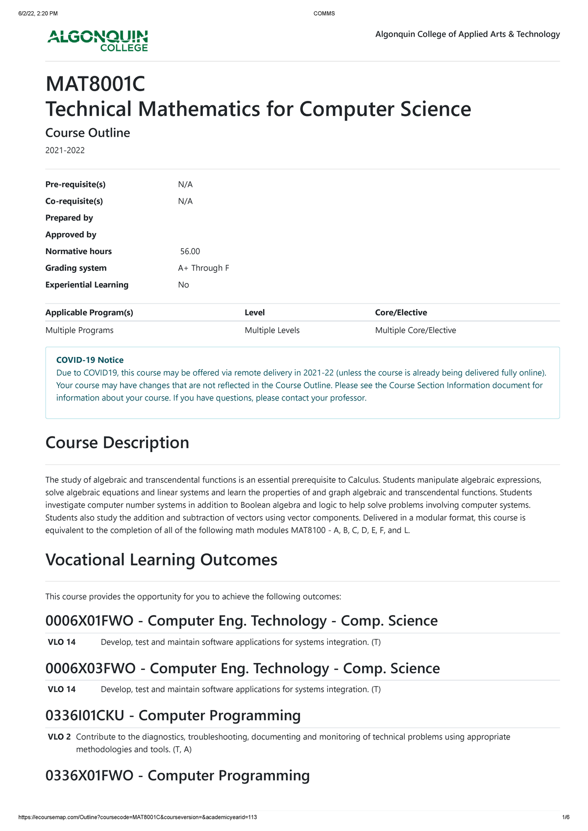 Mat8001c-course Outline - Mat8001c Technical Mathematics For Computer 