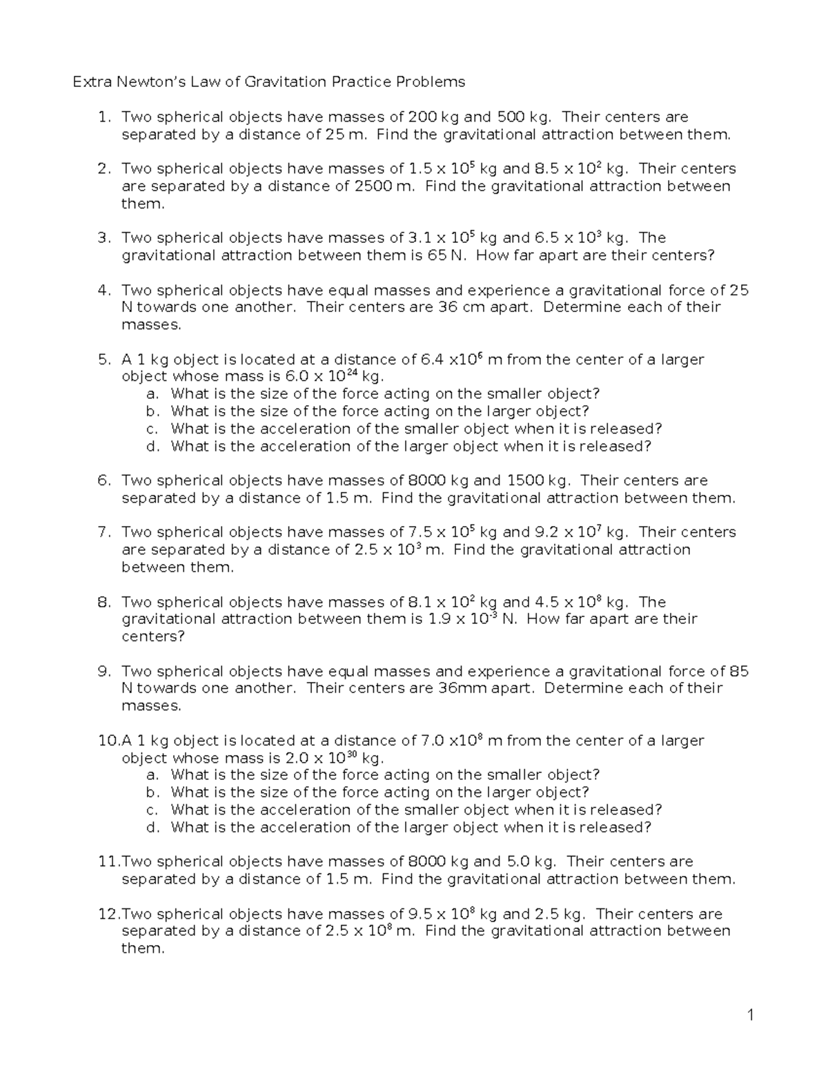 Extra Practice - Newtons Law of Universal Gravitation - Extra Newton’s ...