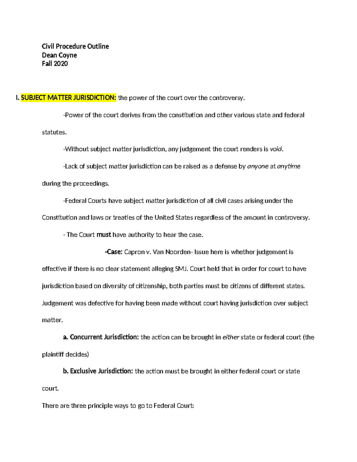 Civil Pro Outline Coyne F2020 - Civil Procedure Outline Dean Coyne Fall ...