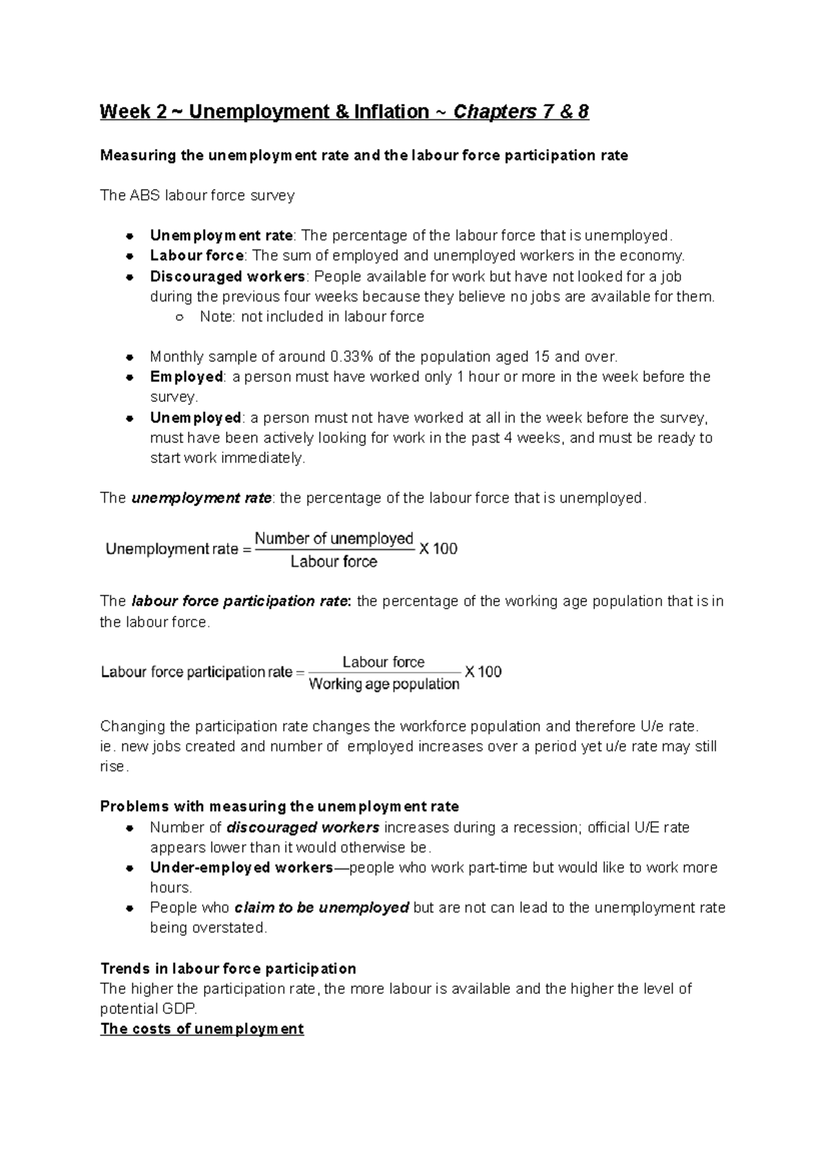 UniSA Macroeconomics Week 2 Unemployment & Inflation - Week 2 ...