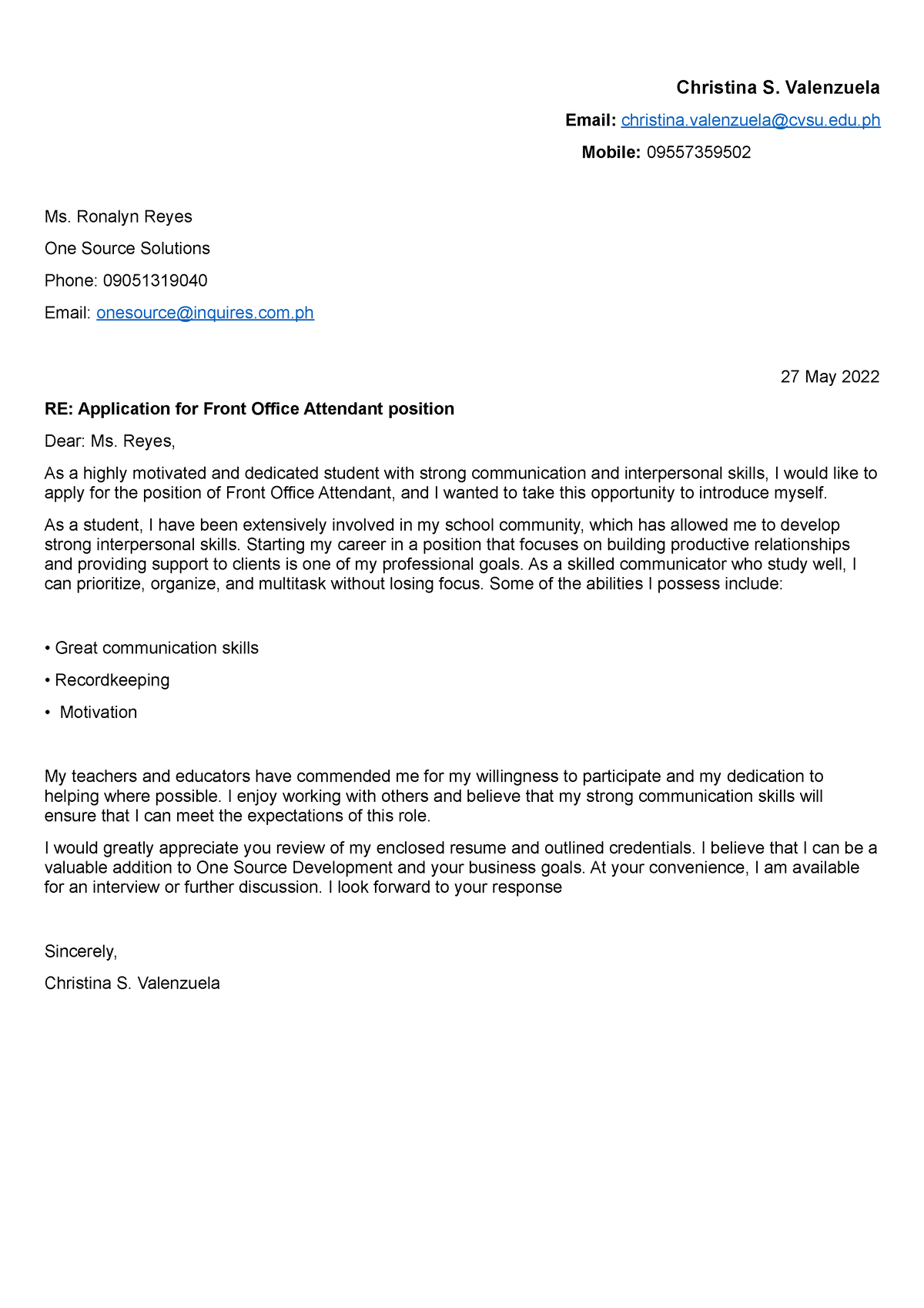 Cover Letter - N/A - Christina S. Valenzuela Email: christina@cvsu.edu ...