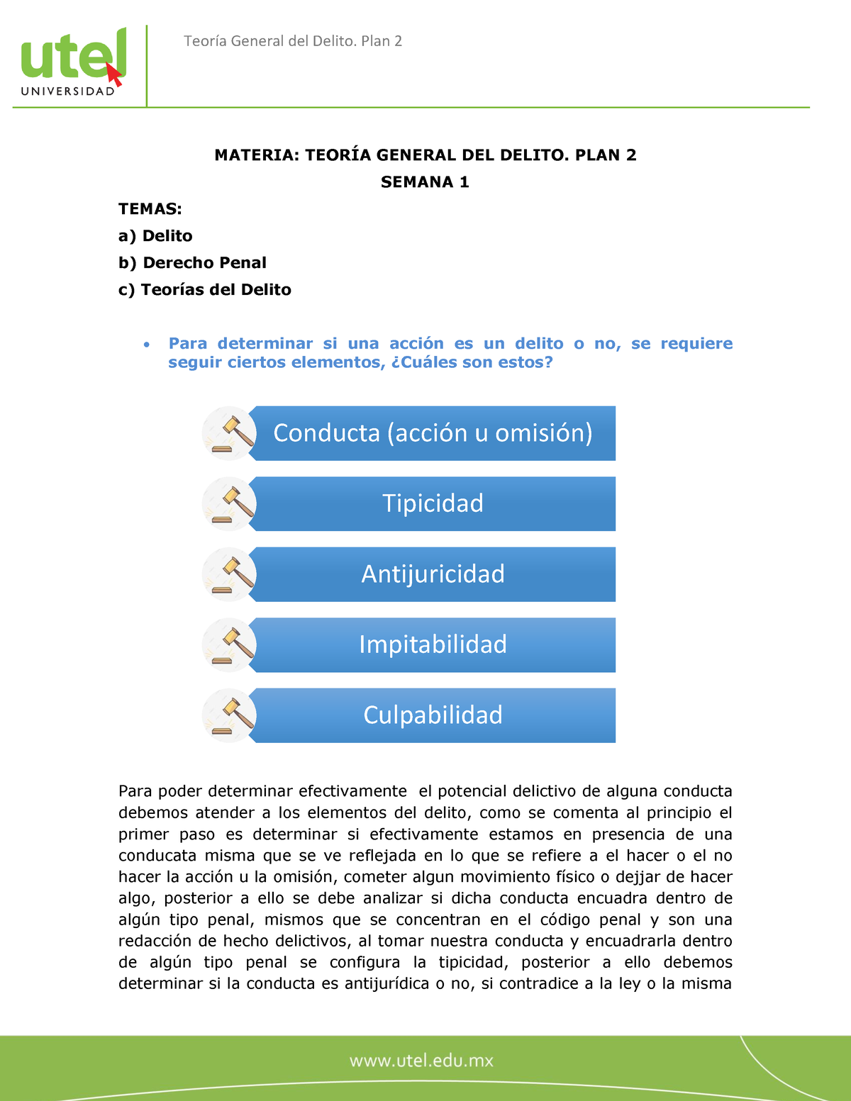 Teoria Del Delito - MATERIA: TEORÍA GENERAL DEL DELITO. PLAN 2 SEMANA 1 ...