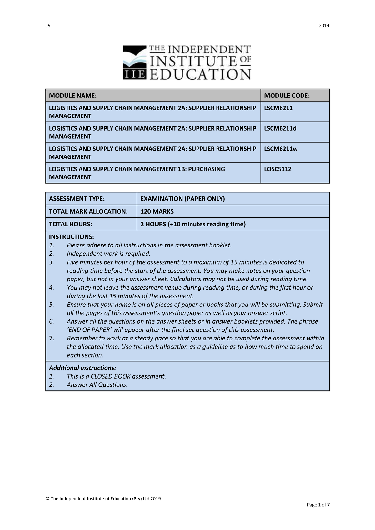 LSCM6211Ea - Past Paper - MODULE NAME: MODULE CODE: LOGISTICS AND ...