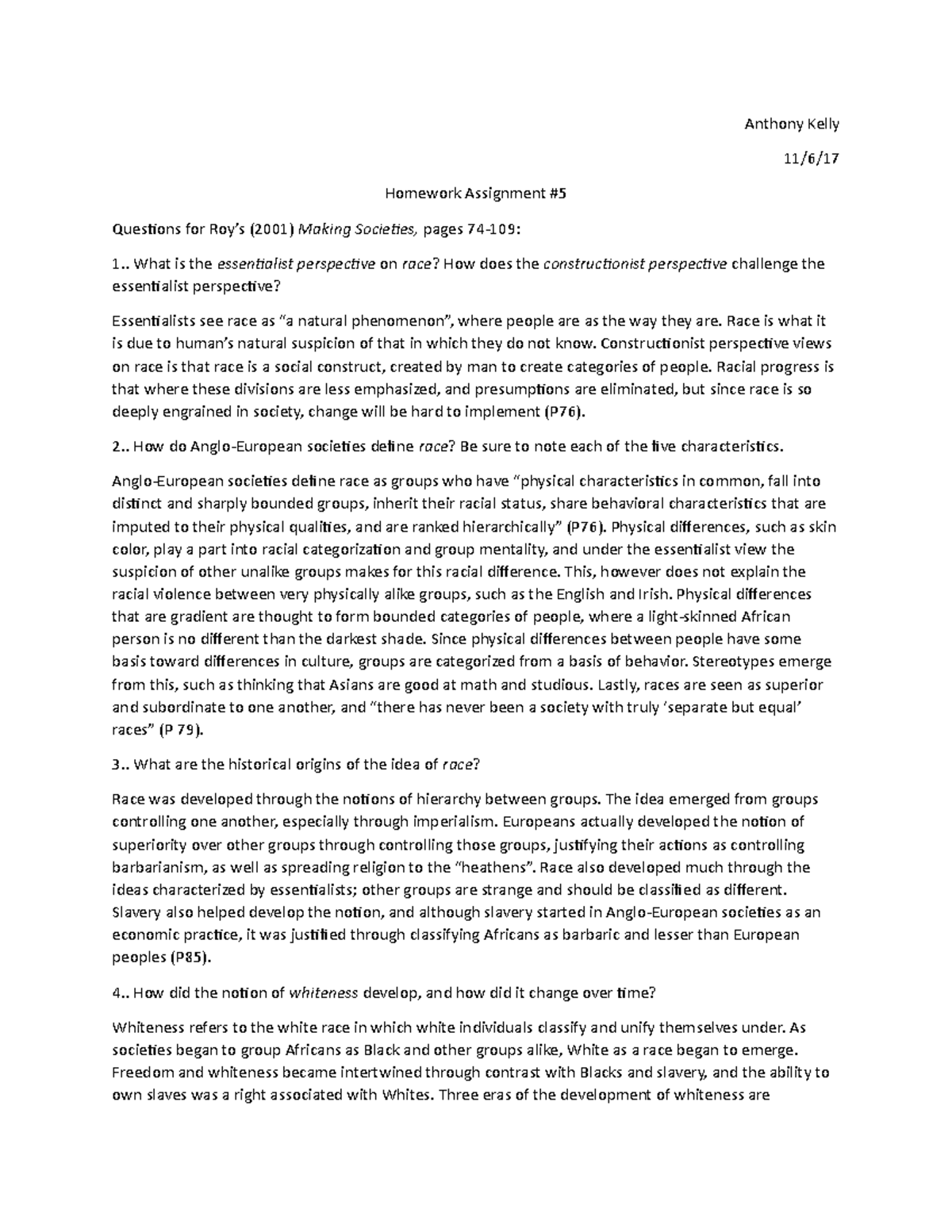 Soc Homework Assignment #5 - Anthony Kelly 11/6/17 Homework Assignment ...