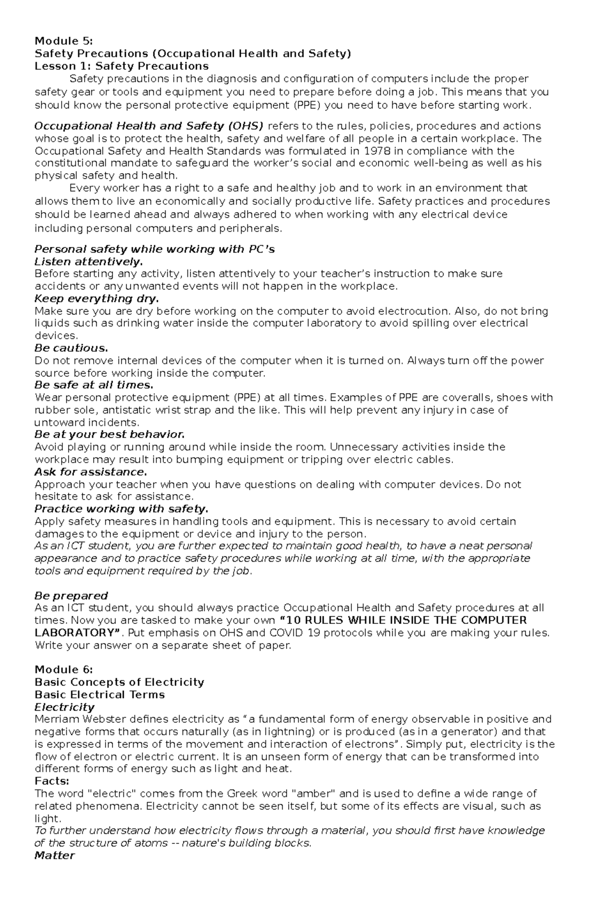 Module 5 CSS 9 LECTURE NOTES Module 5 Safety Precautions