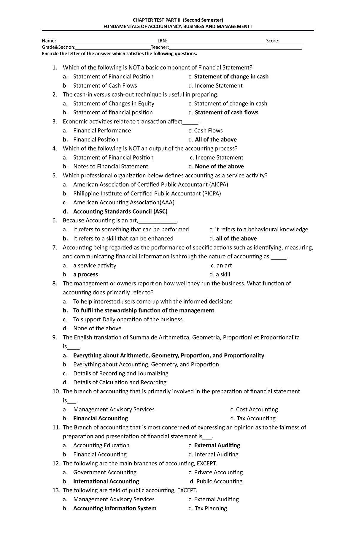 Chapter test in accounting Reviewer - CHAPTER TEST PART II (Second ...