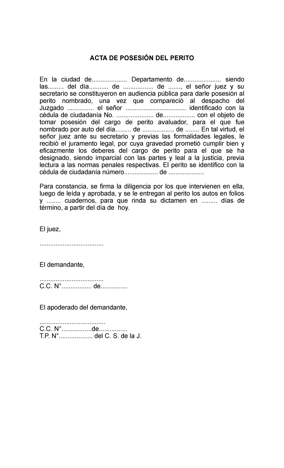 Acta De Posesión Del Perito Acta De PosesiÓn Del Perito En La Ciudad