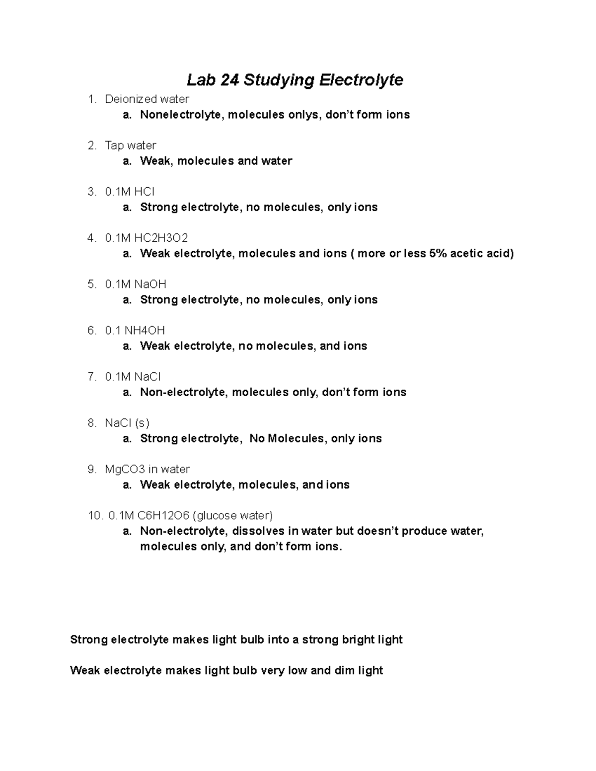 Lab 24 Studying Electrolyte Lab 24 Studying Electrolyte Deionized