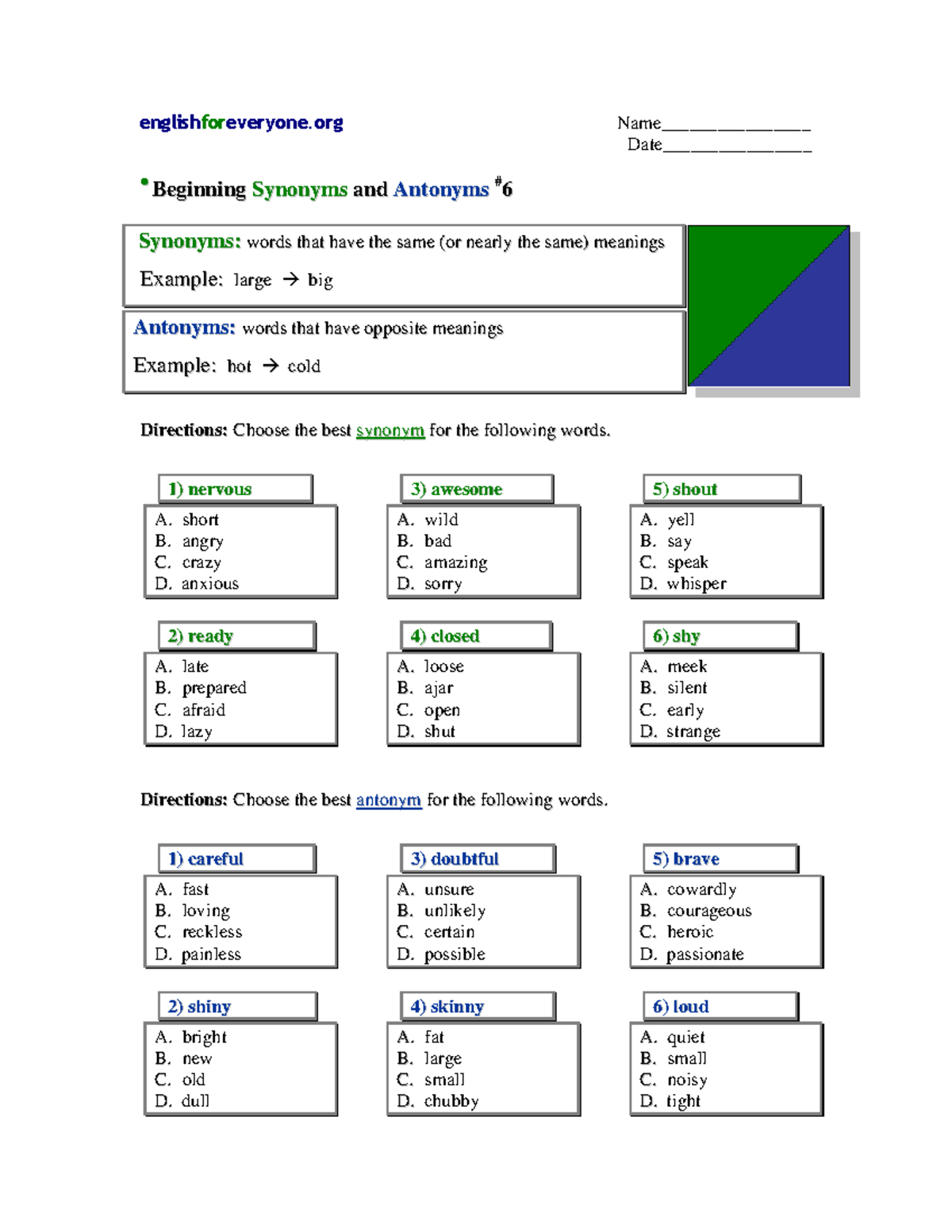 Beginning Synonyms and Antonyms 6 - englishforeveryone Name ...