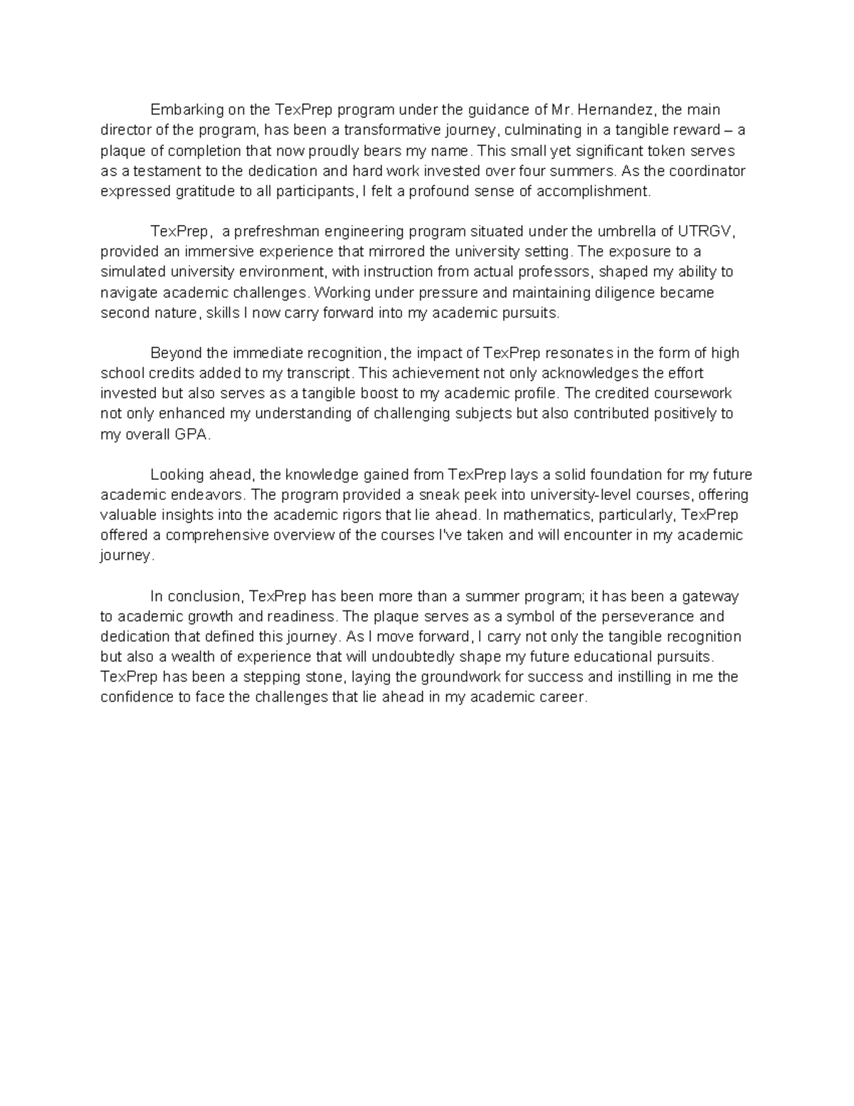 Narrative essay - Embarking on the TexPrep program under the guidance ...
