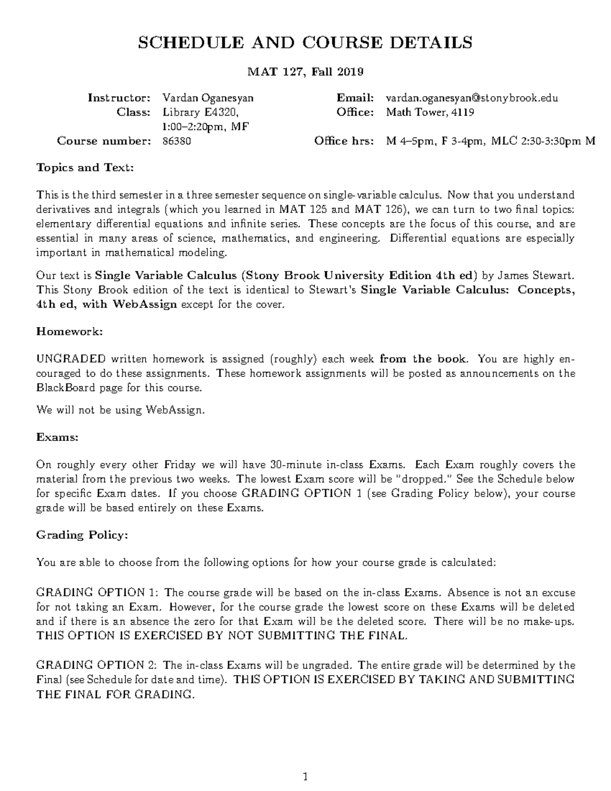 Syllabus - SCHEDULE AND COURSE DETAILS MAT 127, Fall 2019 Instructor ...
