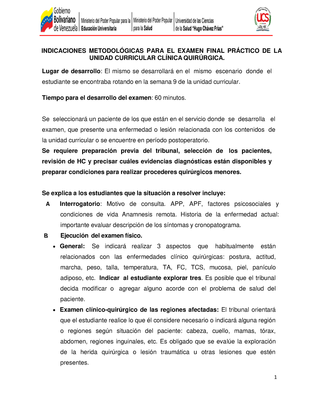 Ind Metd Clinica Quirurgica 1 Indicaciones MetodolÓgicas Para El Examen Final PrÁctico De La 1521