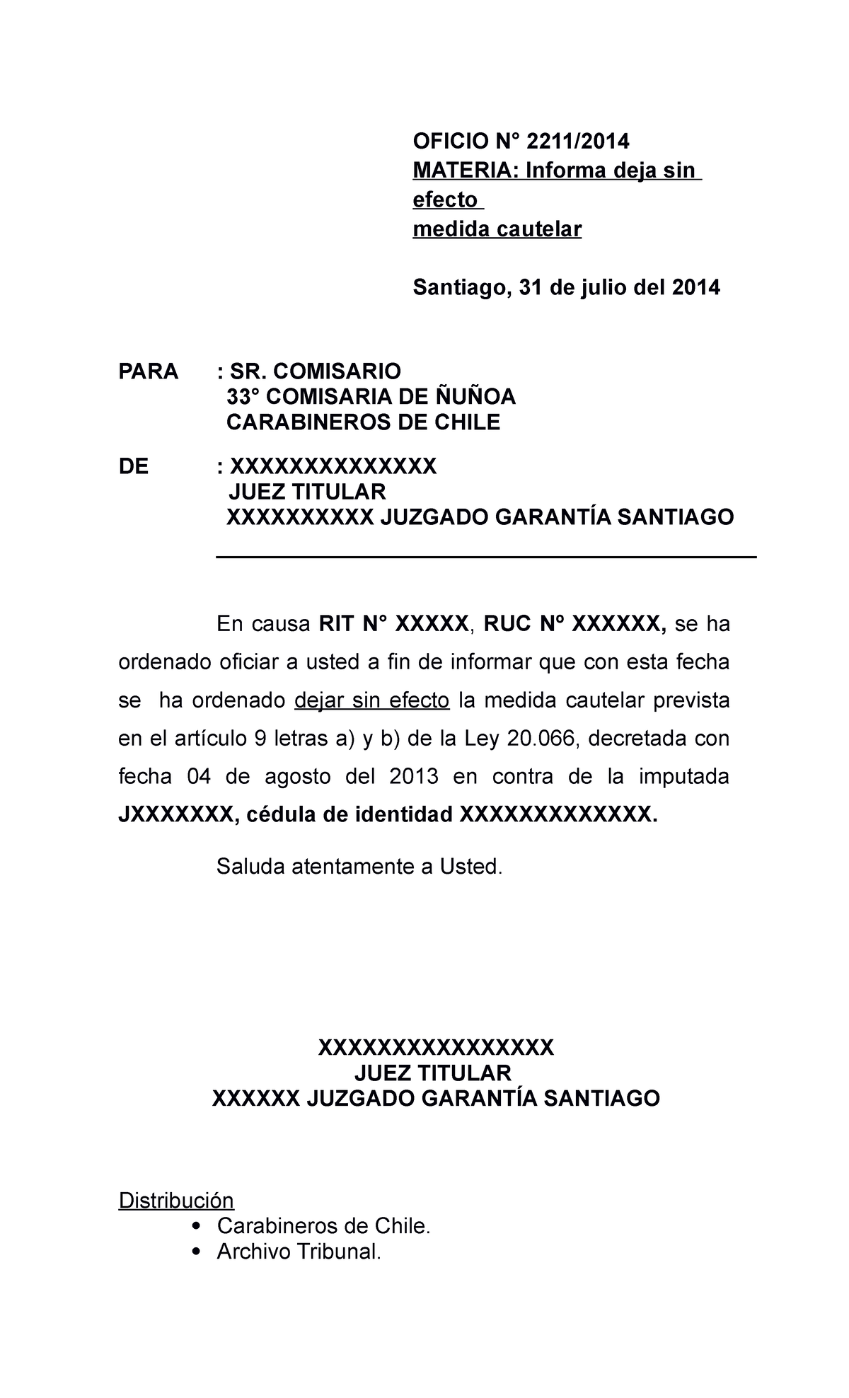 Deja Sin Efecto Cautelar Vif Oficio N Materia Informa Deja Sin Efecto Medida Cautelar