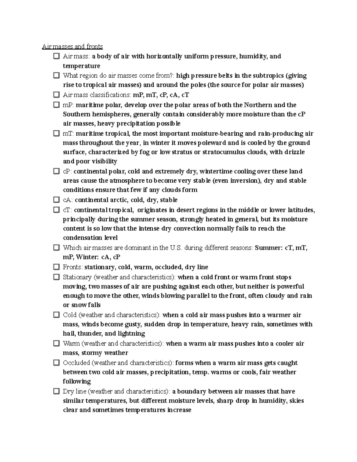 Copy of Meterology Final Study Guide - Air masses and fronts Air mass ...