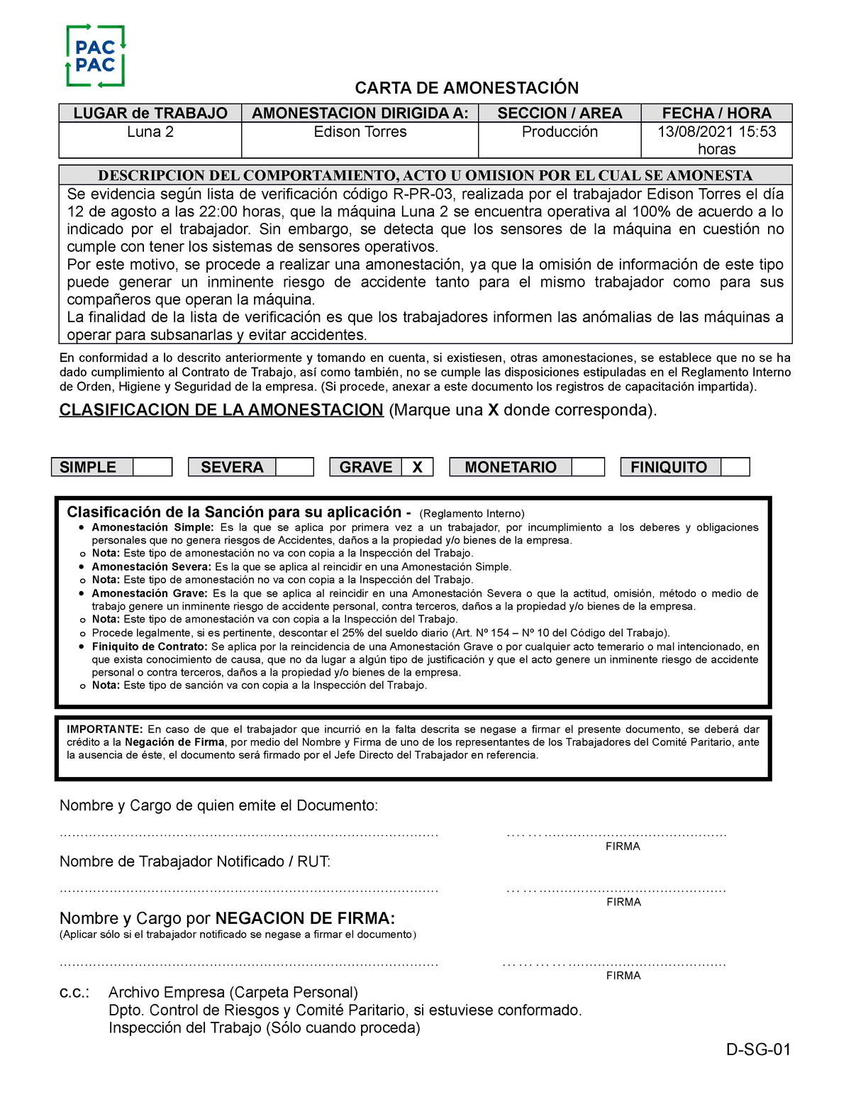 D Sg 01 Carta De Amonestación Carta De AmonestaciÓn Lugar De Trabajo