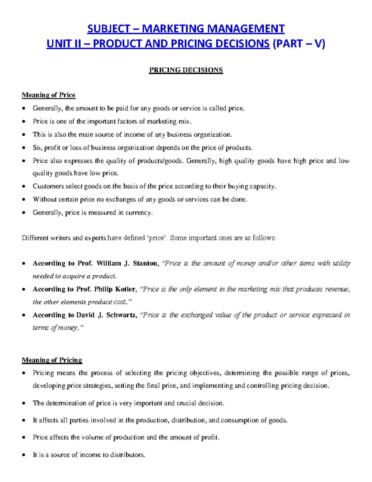 MPA class Notes on PRODUCT AND PRICING DECISIONS. SUBJECT