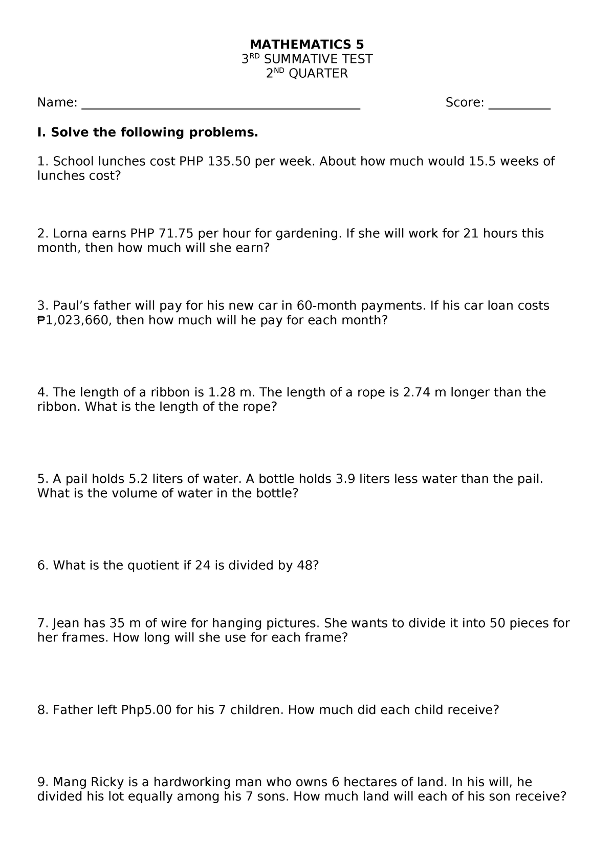 MATH5 ST3 Q2 - for download - MATHEMATICS 5 3 RD SUMMATIVE TEST 2 ND ...