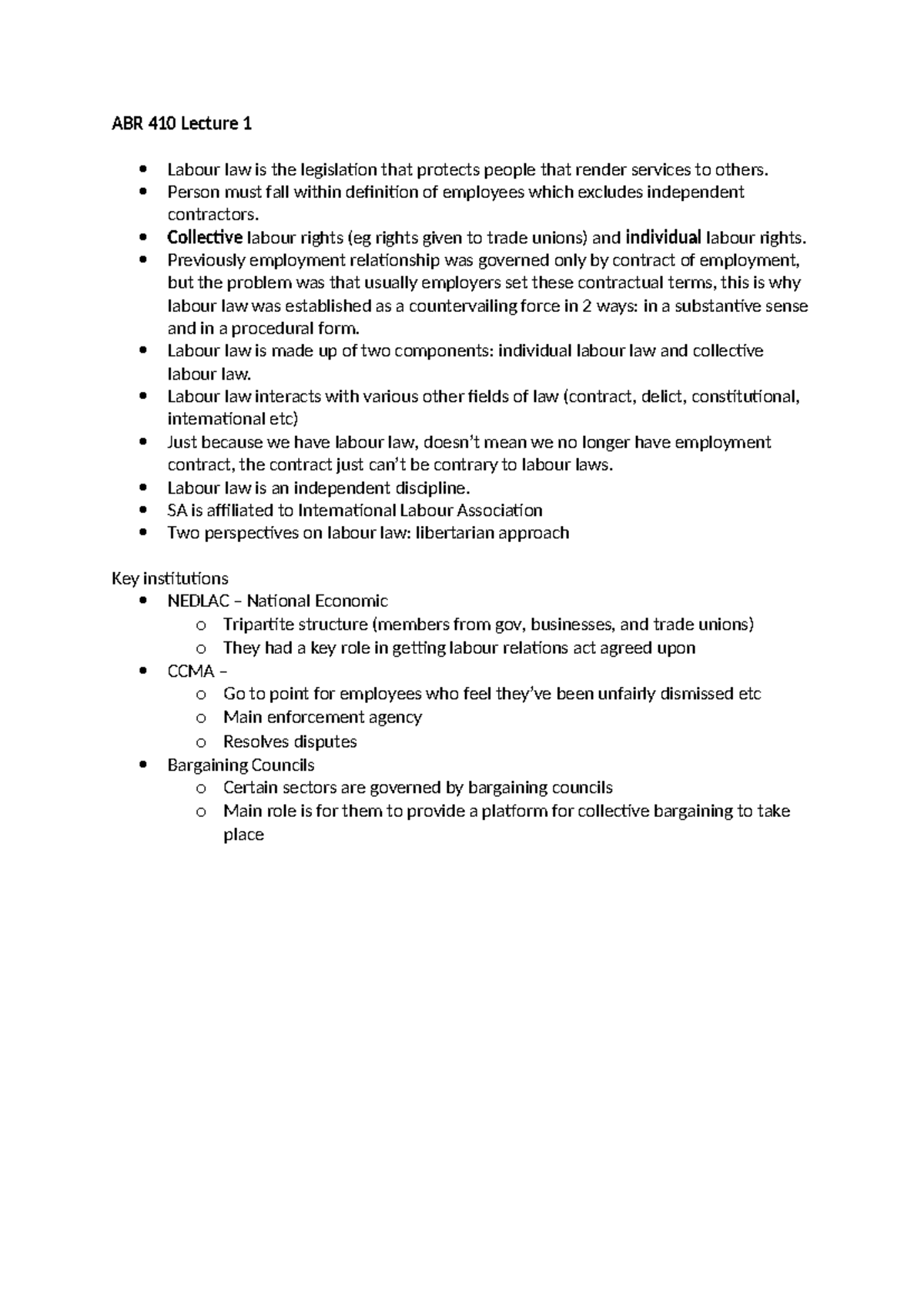 ABR 410 Lecture Notes - ABR 410 Lecture 1 Labour law is the legislation ...