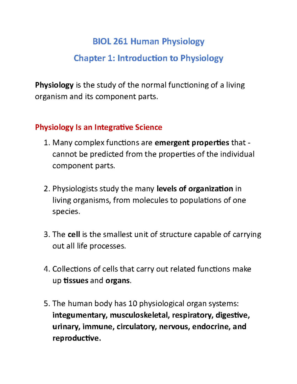 Physiology Ch 1 (Class Notes) - BIOL 261 Human Physiology Chapter 1 ...