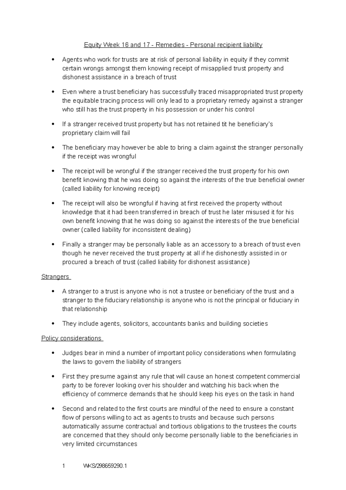 Equity Remedies Personal recipient liability Equity Week 16 and