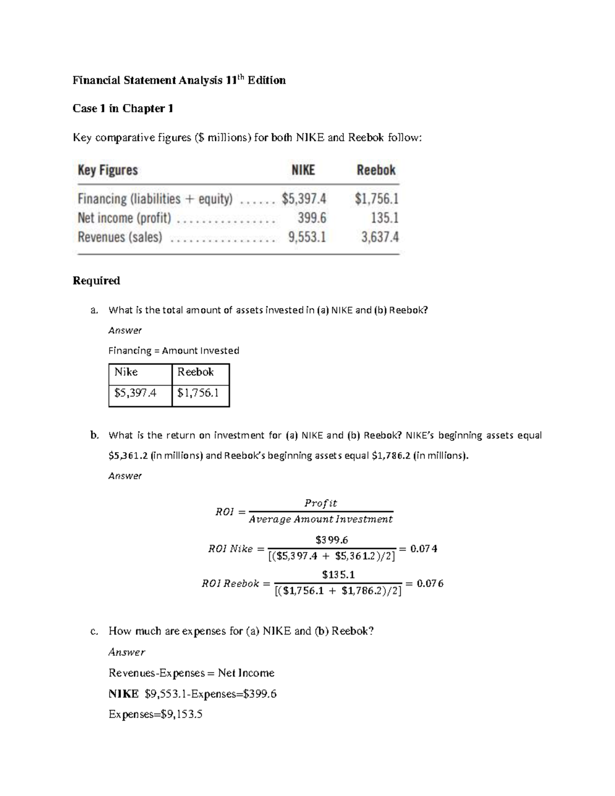 Financial Statement Analysis 11th Edition Case 1 Chapter 1 Financial Statement Analysis 11th