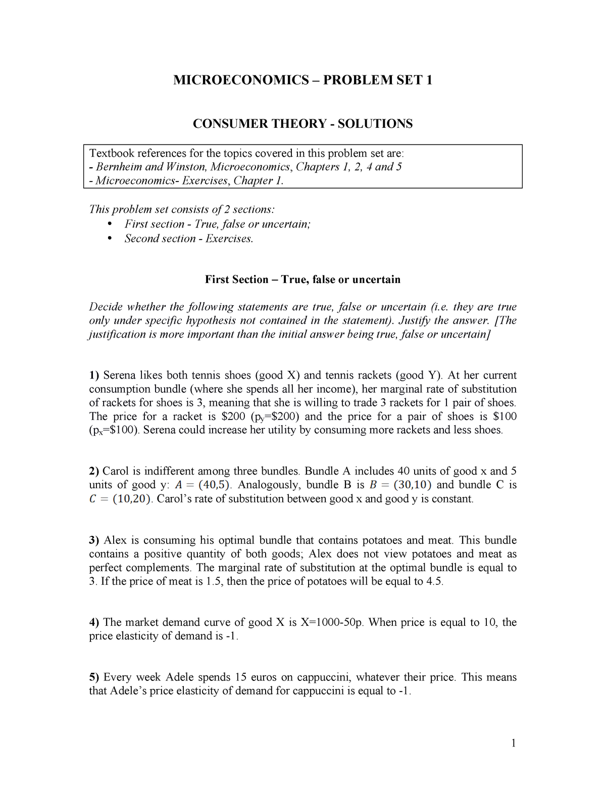 Microeconomics - Problem SET 1 Text 2019 20 - MICROECONOMICS – PROBLEM ...