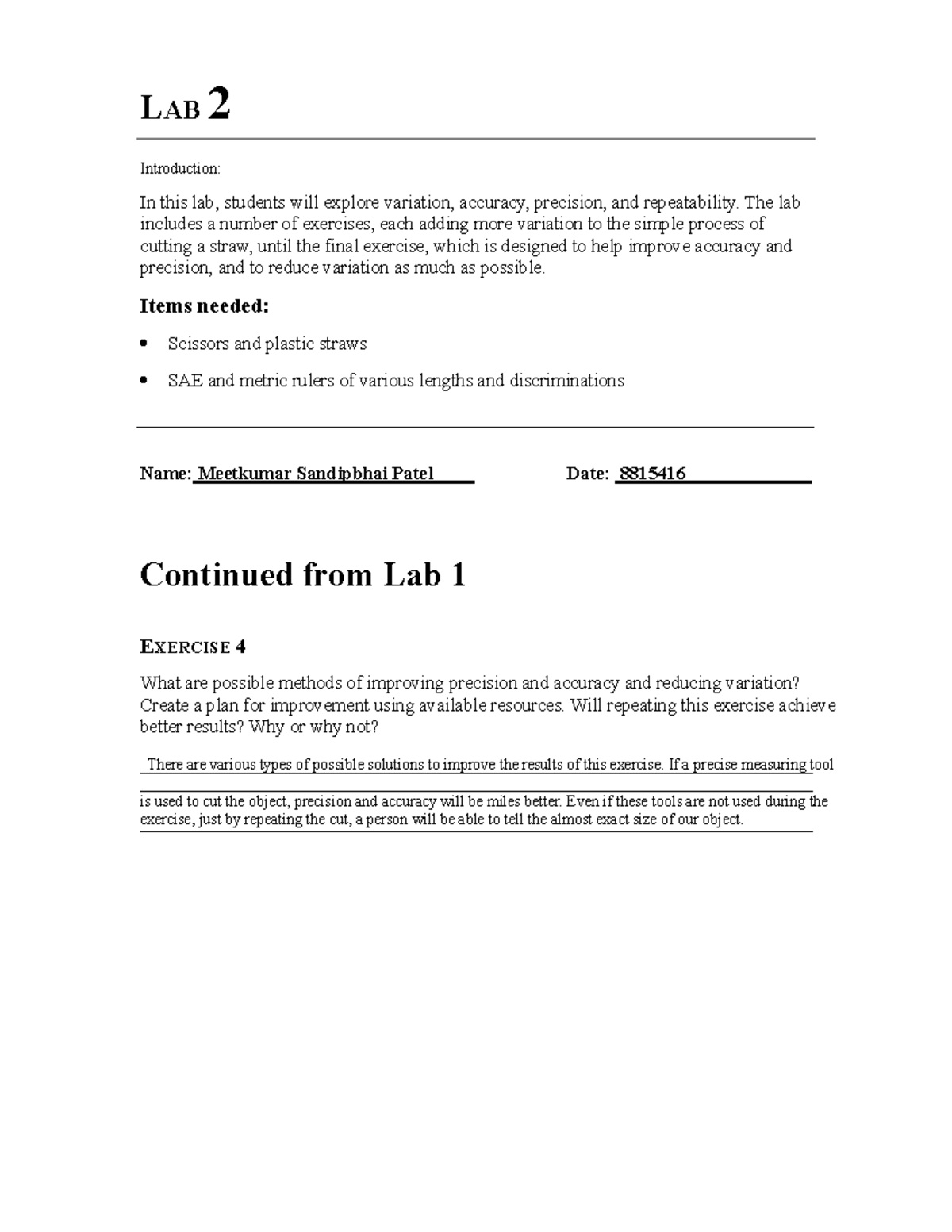Metrology Lab 2 Online LAB 2 Introduction In this lab, students