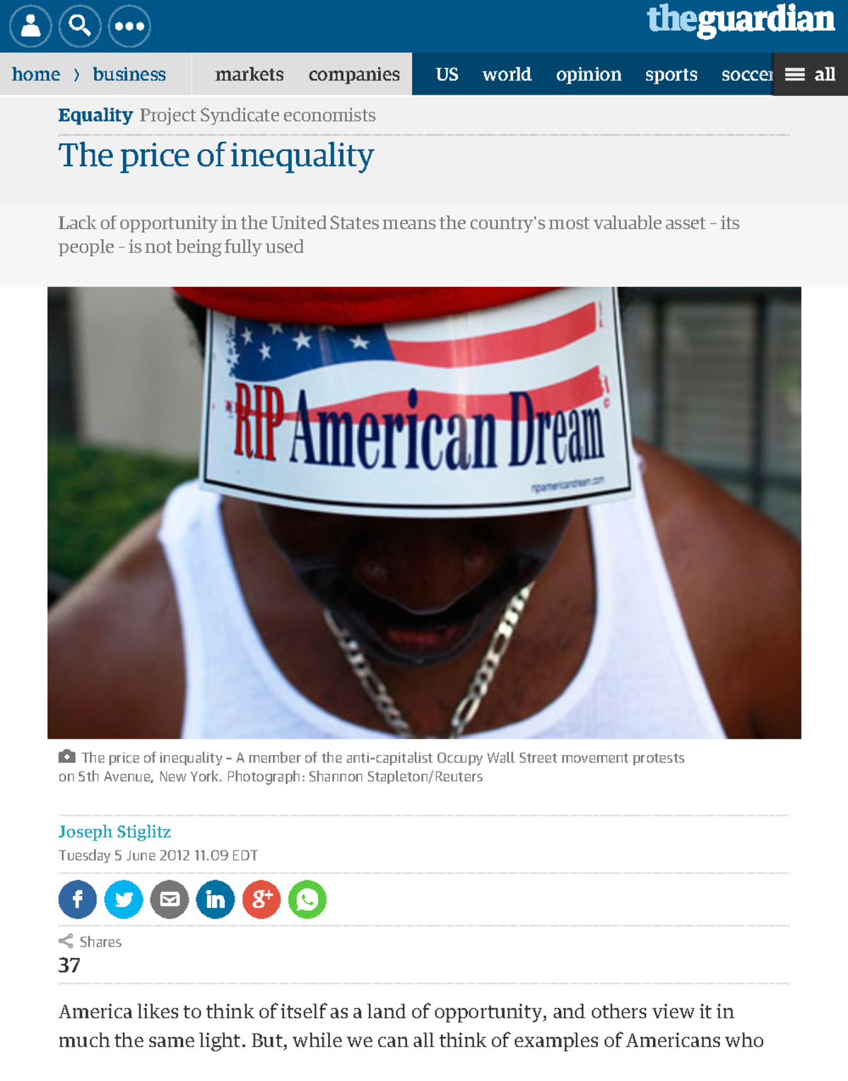 StiglitzThe price of inequality home › business markets companies US