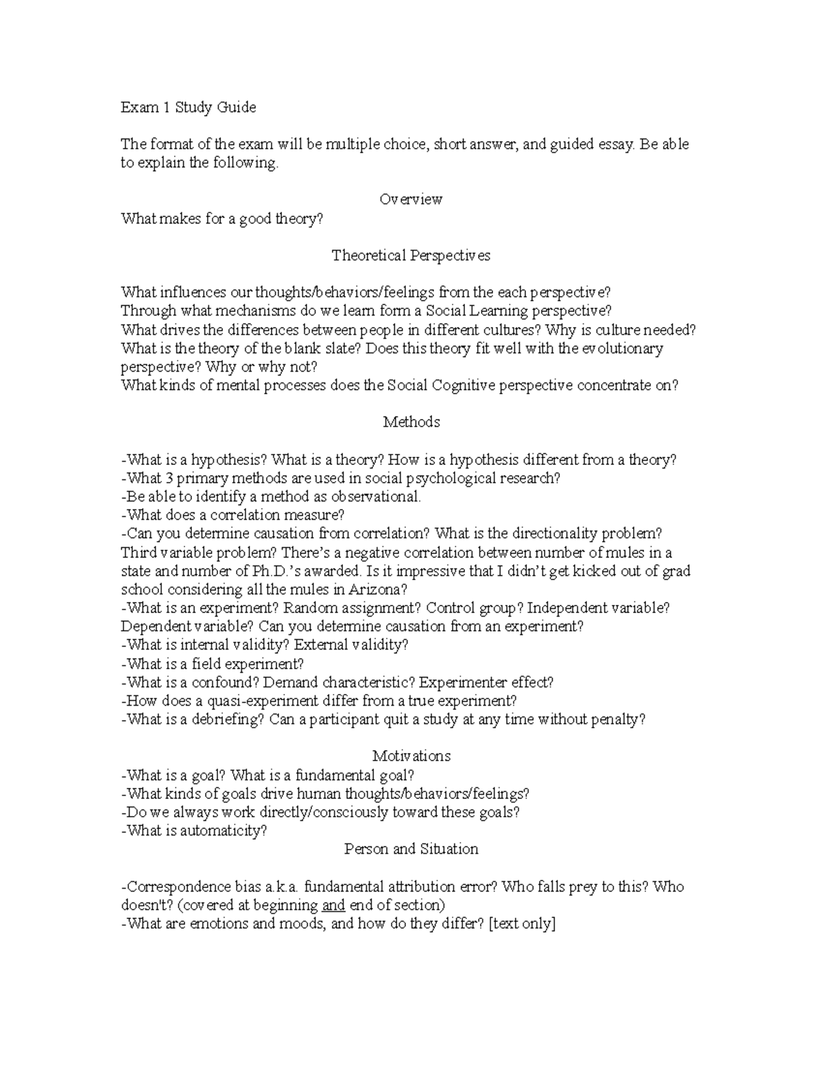 Exam 1 Study Guide Fall 2019 a - Exam 1 Study Guide The format of the ...