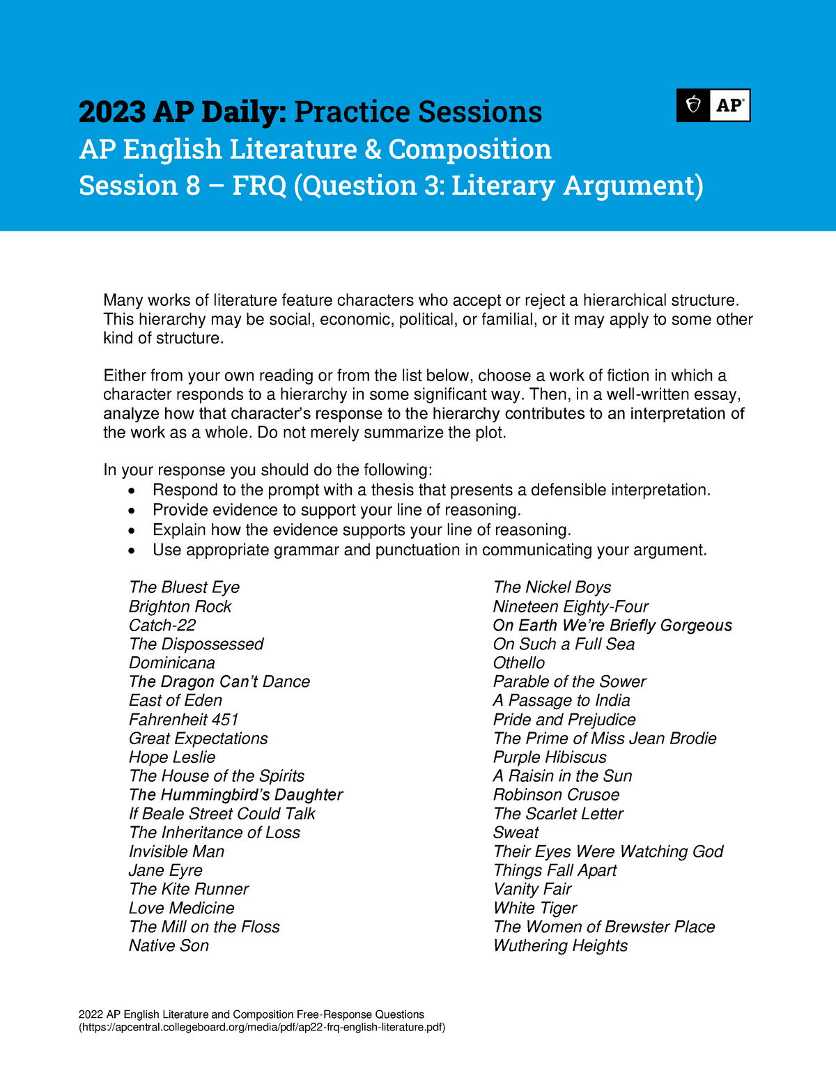 Session 8 English Literature Composition 2023 AP Daily Practice